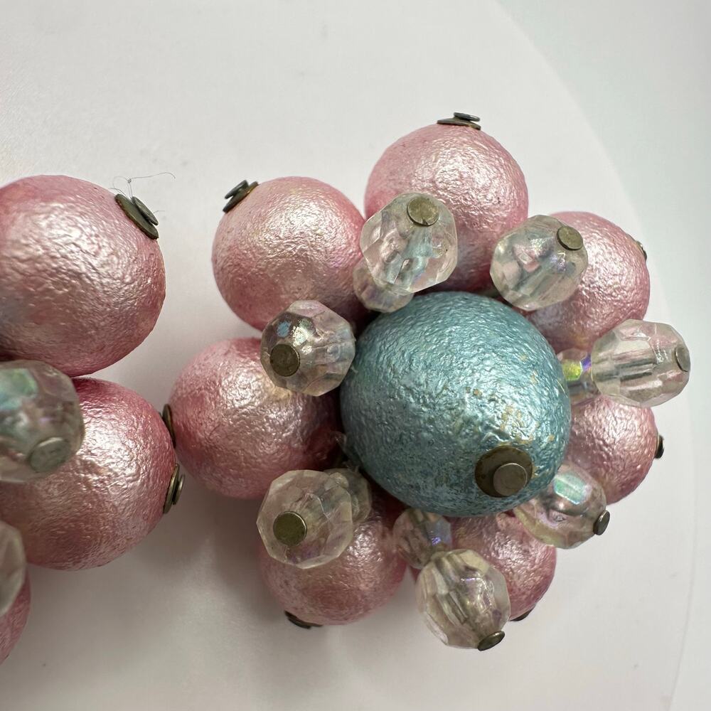 1950s vintage silver tone AB glass pink blue celluloid beaded clip on earrings - Picture 5 of 8